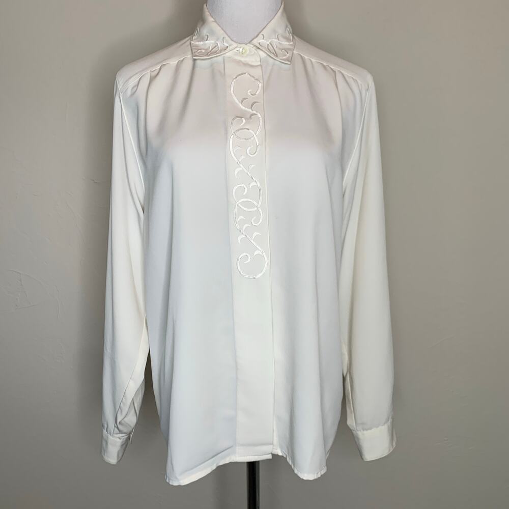 Vtg Cream Embroidered Blouse Button Front Sz Medium